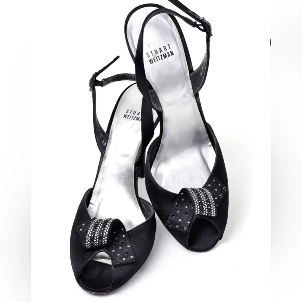 New STUART WEITZMAN bl satin Rhinestone bow heels peep toe slingback sandals 8W